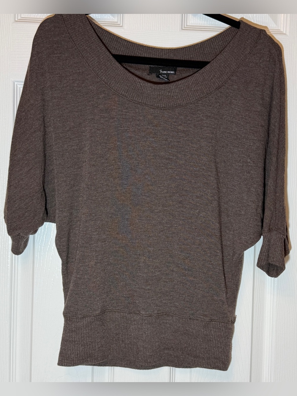 Pure Energy Brown Ribbed Wide Neck Short Sleeve Top